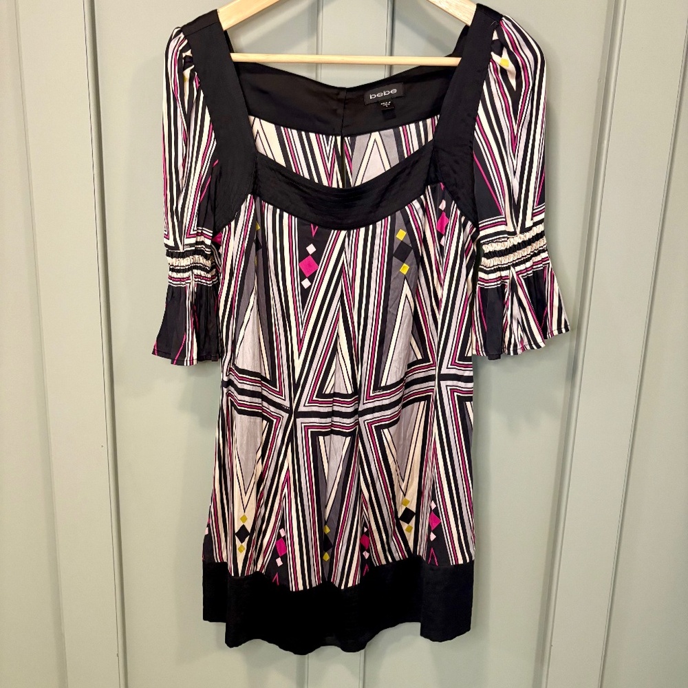 Y2K Bebe Geometric Silk Multicolor Flowy Bell Sleeve‎ Tunic Top Women's Sz S